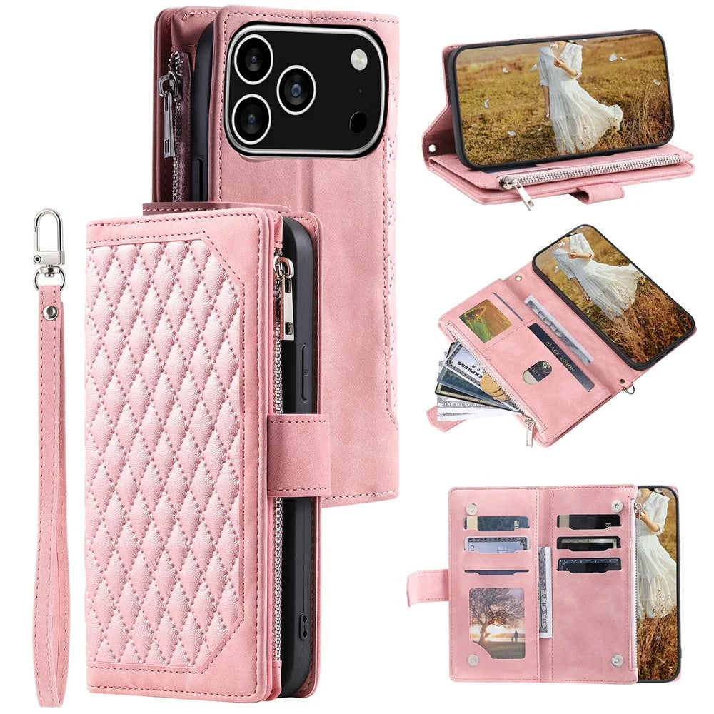 For iPhone 18 Pro / 17 Pro Wallet Case Rhombus Stitching Line PU Leather Phone Cover with Wrist Strap - Rose Gold - 1