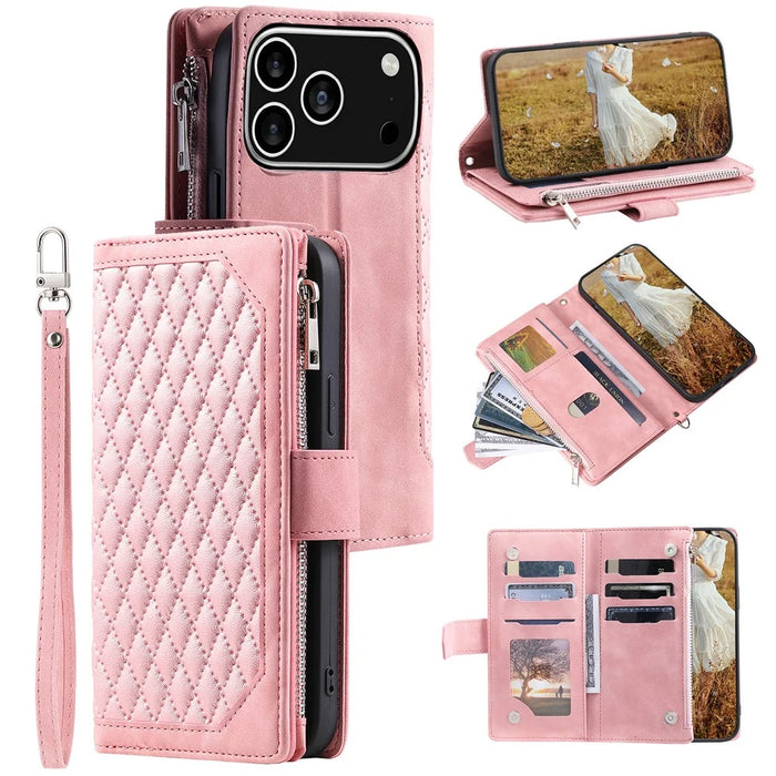 For iPhone 18 Pro / 17 Pro Wallet Case Rhombus Stitching Line PU Leather Phone Cover with Wrist Strap - Rose Gold - 1