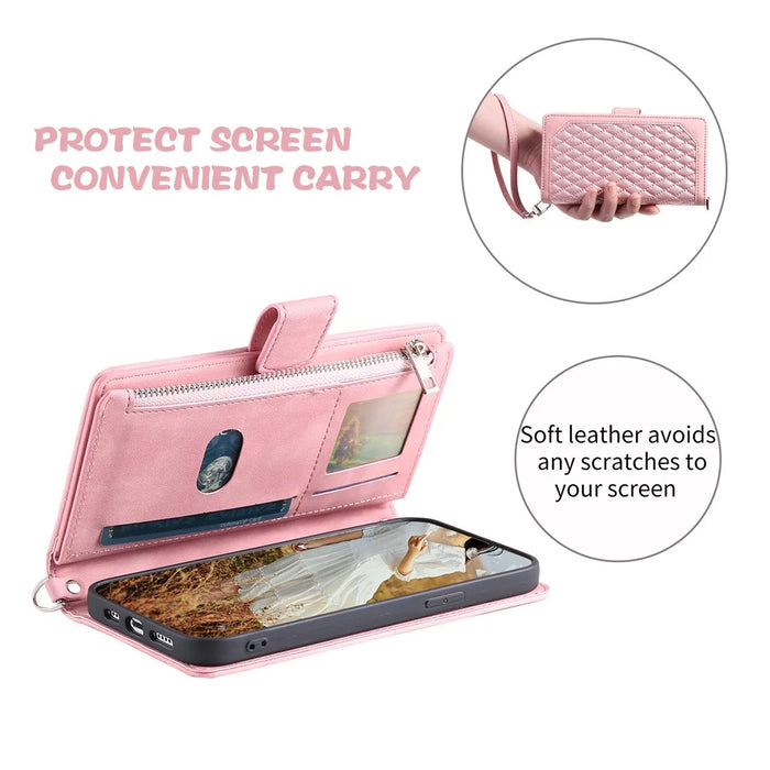 For iPhone 18 Pro / 17 Pro Wallet Case Rhombus Stitching Line PU Leather Phone Cover with Wrist Strap - Rose Gold - 4
