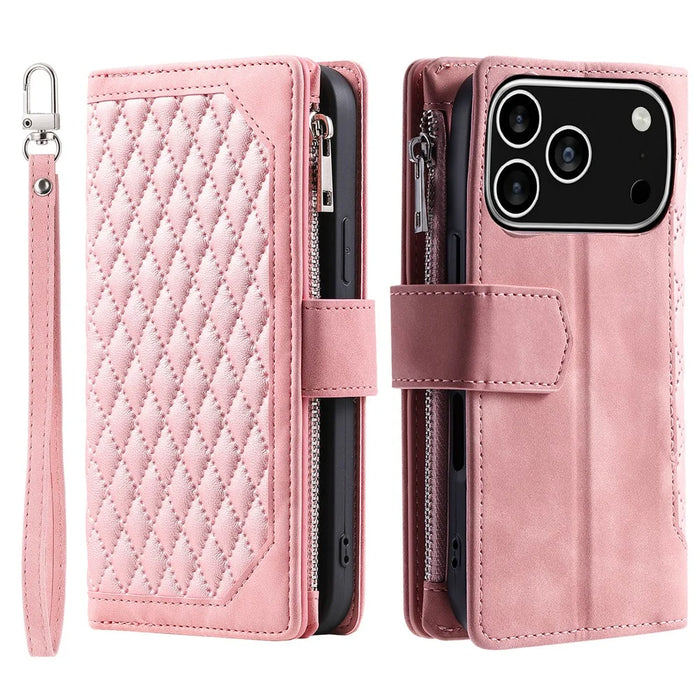 For iPhone 18 Pro / 17 Pro Wallet Case Rhombus Stitching Line PU Leather Phone Cover with Wrist Strap - Rose Gold - 7