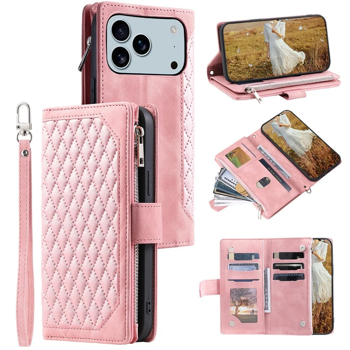 For iPhone 18 Pro Max / 17 Pro Max Wallet Case Rhombus Stitching Line PU Leather Phone Cover with Wrist Strap - Rose Gold - 1