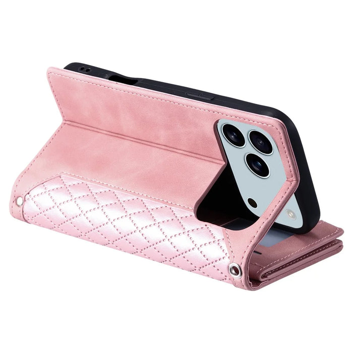 For iPhone 18 Pro Max / 17 Pro Max Wallet Case Rhombus Stitching Line PU Leather Phone Cover with Wrist Strap - Rose Gold - 3
