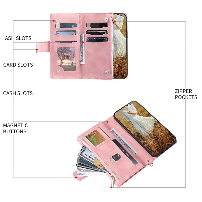 For iPhone 18 Pro Max / 17 Pro Max Wallet Case Rhombus Stitching Line PU Leather Phone Cover with Wrist Strap - Rose Gold - 5