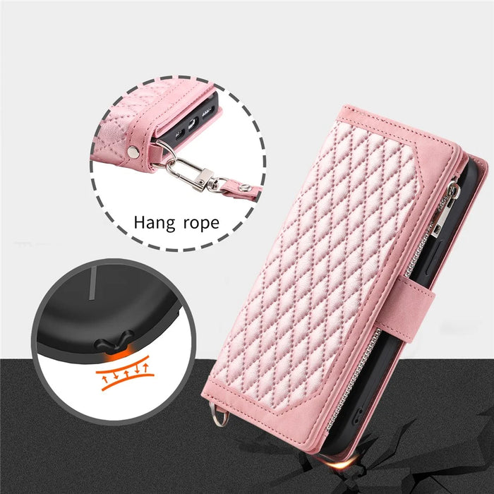 For iPhone 18 Pro Max / 17 Pro Max Wallet Case Rhombus Stitching Line PU Leather Phone Cover with Wrist Strap - Rose Gold - 6