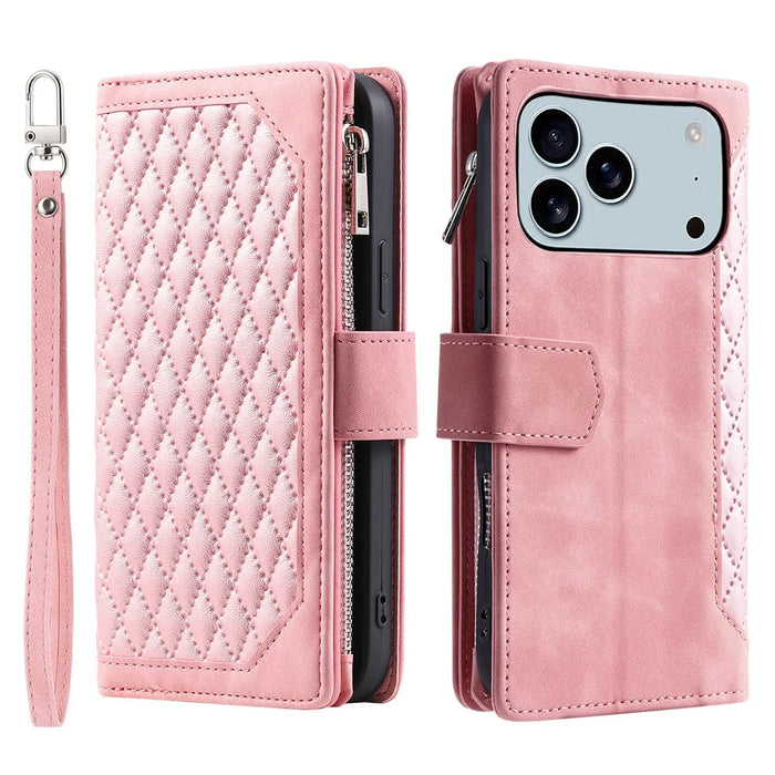 For iPhone 18 Pro Max / 17 Pro Max Wallet Case Rhombus Stitching Line PU Leather Phone Cover with Wrist Strap - Rose Gold - 7
