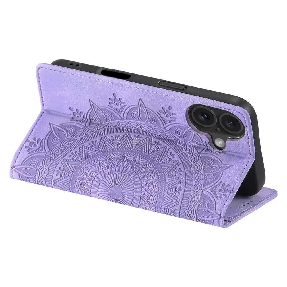 For iPhone 17 Case Magnetic Closing Leather Phone Cover Pattern Imprinted - Purple - 4