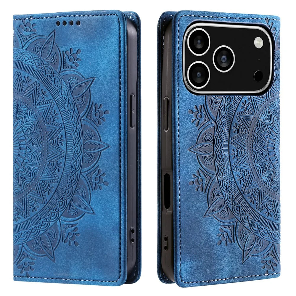 For iPhone 18 Pro / 17 Pro Case Magnetic Closing Leather Phone Cover Pattern Imprinted - Blue - 1