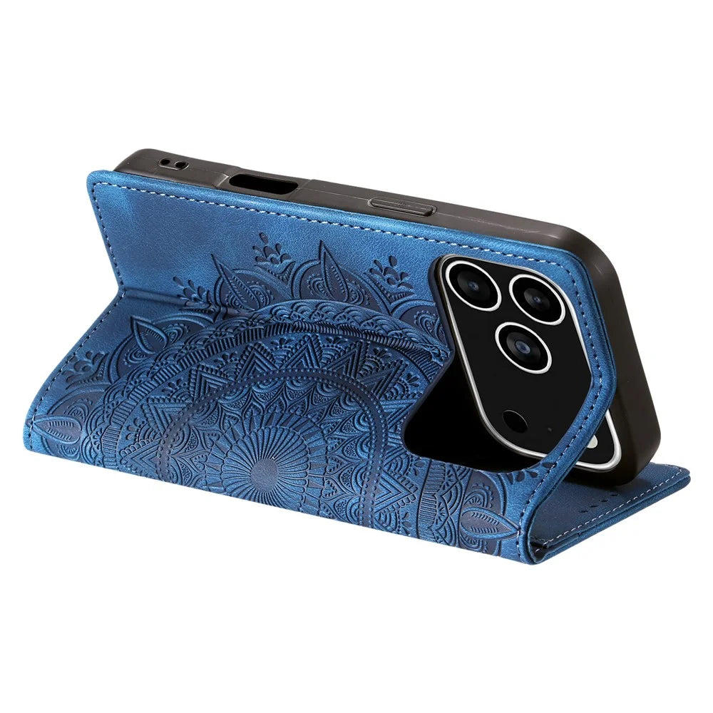 For iPhone 18 Pro / 17 Pro Case Magnetic Closing Leather Phone Cover Pattern Imprinted - Blue - 4