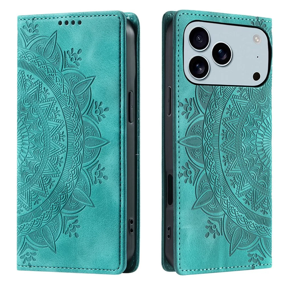 For iPhone 18 Pro Max / 17 Pro Max Case Magnetic Closing Leather Phone Cover Pattern Imprinted - Mint Green - 1
