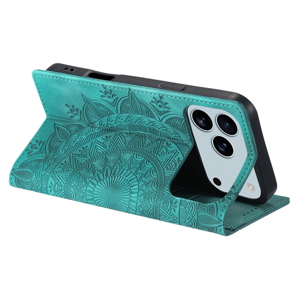 For iPhone 18 Pro Max / 17 Pro Max Case Magnetic Closing Leather Phone Cover Pattern Imprinted - Mint Green - 4