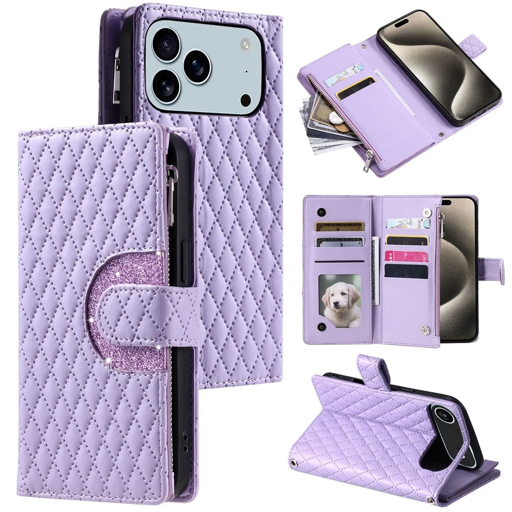 For iPhone 18 Pro / 17 Pro Case Zipper Pocket Glitter Leather Phone Cover with Wrist Strap - Purple - 1