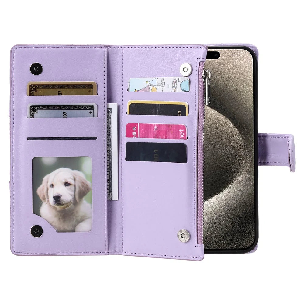 For iPhone 18 Pro / 17 Pro Case Zipper Pocket Glitter Leather Phone Cover with Wrist Strap - Purple - 2
