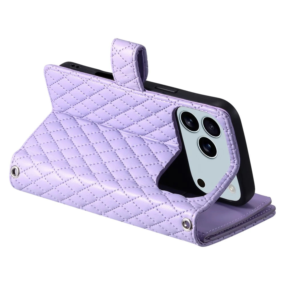 For iPhone 18 Pro / 17 Pro Case Zipper Pocket Glitter Leather Phone Cover with Wrist Strap - Purple - 4