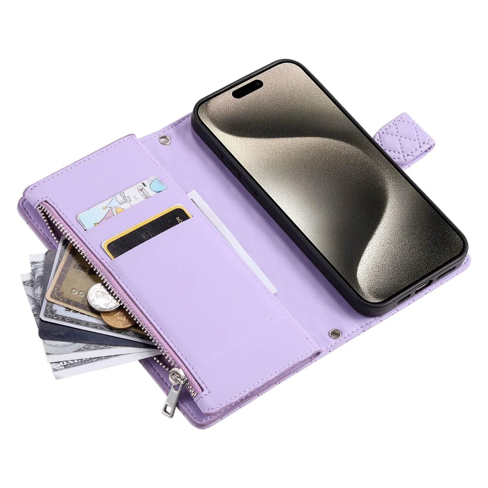 For iPhone 18 Pro / 17 Pro Case Zipper Pocket Glitter Leather Phone Cover with Wrist Strap - Purple - 6