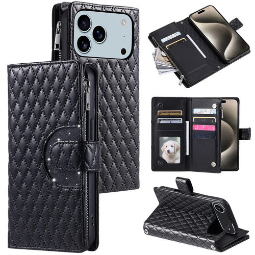 For iPhone 18 Pro Max / 17 Pro Max Case Zipper Pocket Glitter Leather Phone Cover with Wrist Strap - Black - 1