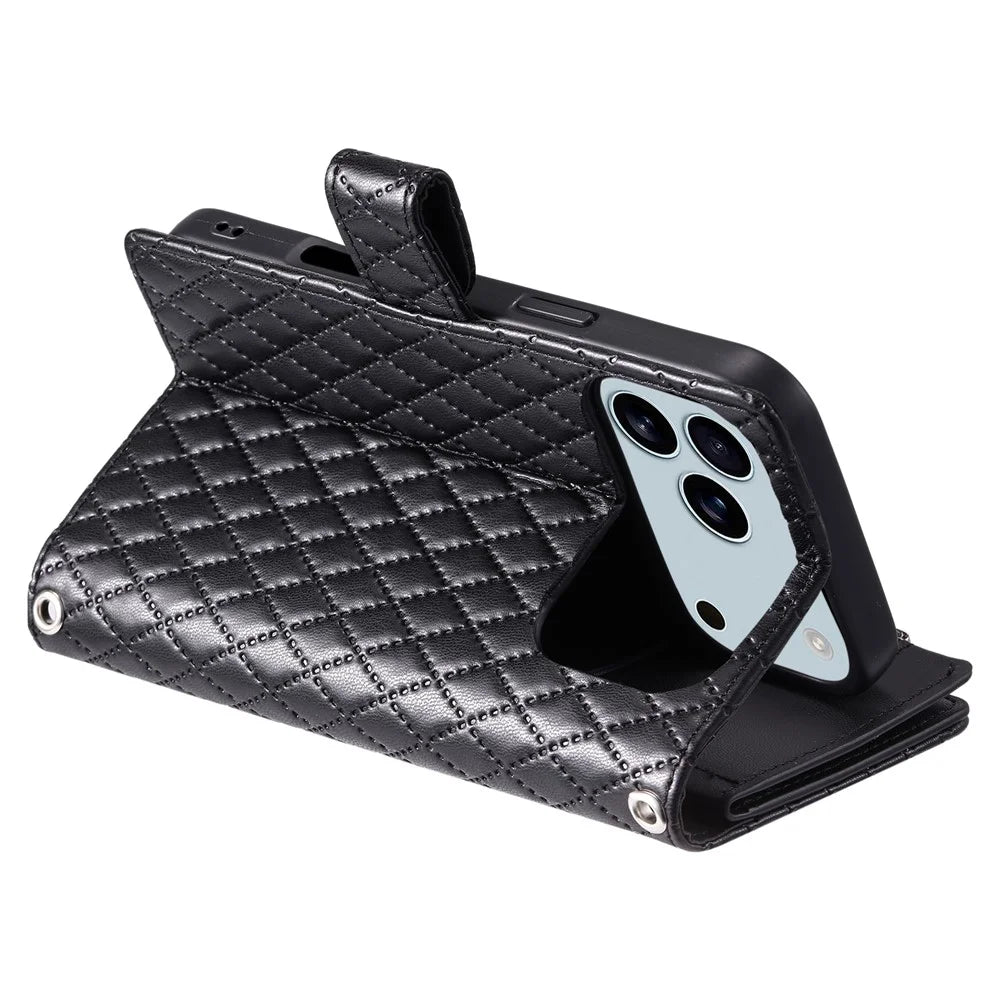For iPhone 18 Pro Max / 17 Pro Max Case Zipper Pocket Glitter Leather Phone Cover with Wrist Strap - Black - 4