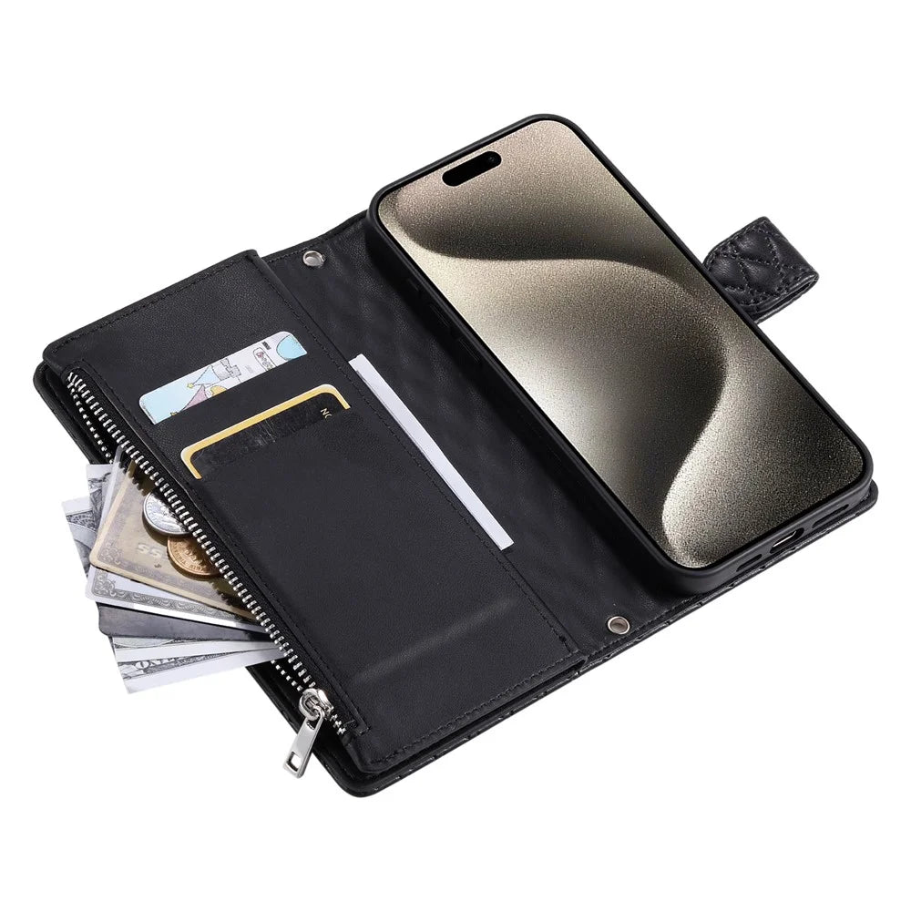 For iPhone 18 Pro Max / 17 Pro Max Case Zipper Pocket Glitter Leather Phone Cover with Wrist Strap - Black - 5