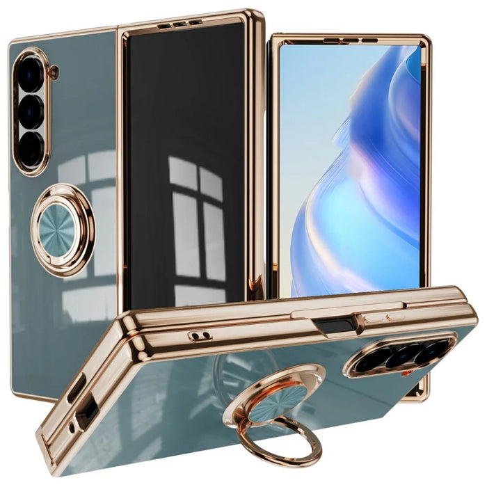 For Samsung Galaxy Z Fold6 5G Case Precise Cutouts 6D Electroplating TPU Phone Cover with Ring Holder - Grey - 1