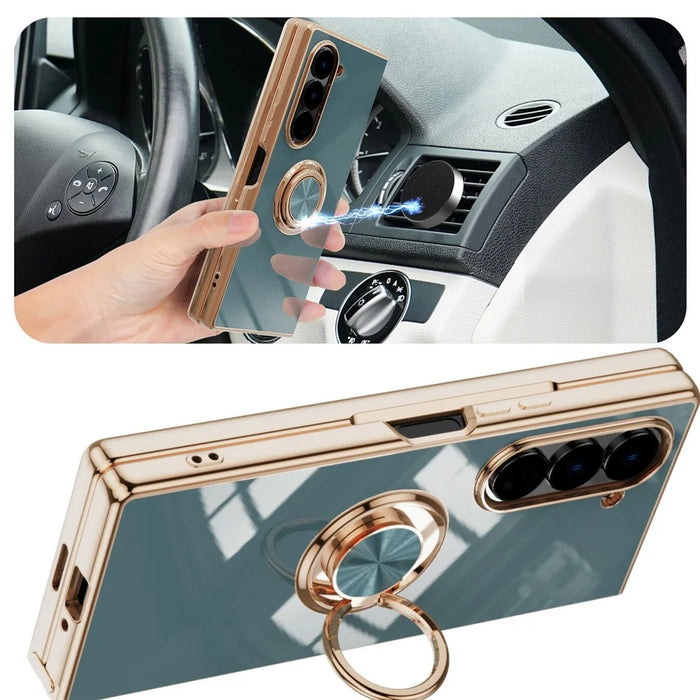 For Samsung Galaxy Z Fold6 5G Case Precise Cutouts 6D Electroplating TPU Phone Cover with Ring Holder - Grey - 2
