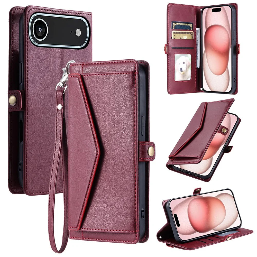 For iPhone Air Leather Case with Wrist Strap Wallet Stand Phone Cover - Wine Red - 1