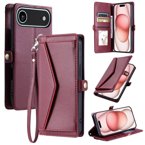 For iPhone Air Leather Case with Wrist Strap Wallet Stand Phone Cover - Wine Red - 1