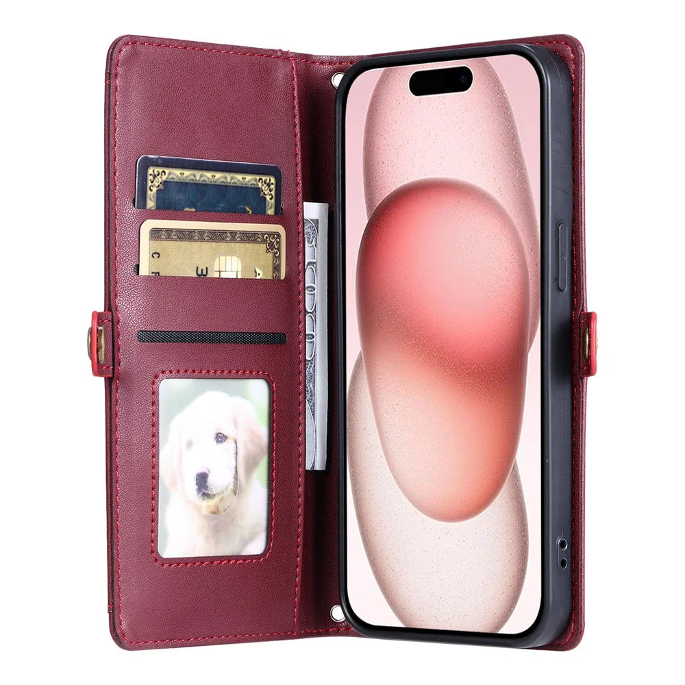For iPhone Air Leather Case with Wrist Strap Wallet Stand Phone Cover - Wine Red - 2