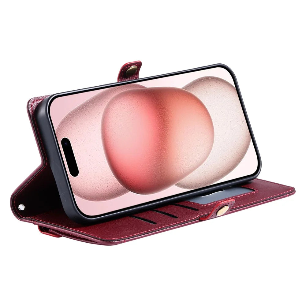 For iPhone Air Leather Case with Wrist Strap Wallet Stand Phone Cover - Wine Red - 3