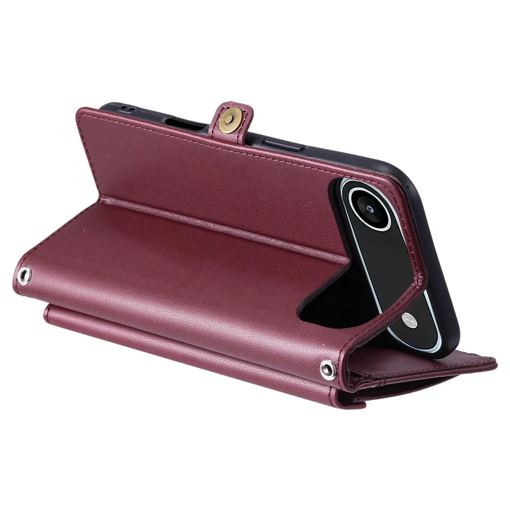 For iPhone Air Leather Case with Wrist Strap Wallet Stand Phone Cover - Wine Red - 4