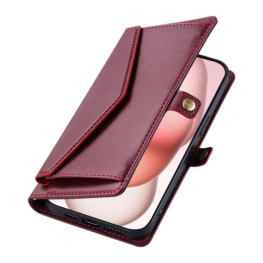 For iPhone Air Leather Case with Wrist Strap Wallet Stand Phone Cover - Wine Red - 7