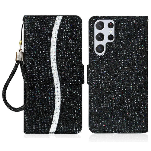 For Samsung Galaxy S23 Ultra Glitter Bling Splicing Design PU Leather Shockproof Case Phone Wallet Stand Protective Cover with Hand Strap - Black - 1