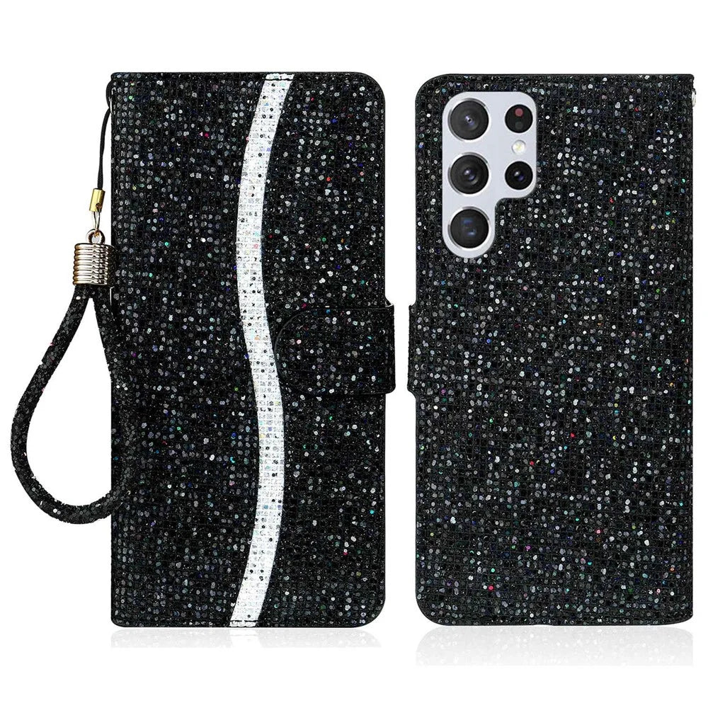 For Samsung Galaxy S23 Ultra Glitter Bling Splicing Design PU Leather Shockproof Case Phone Wallet Stand Protective Cover with Hand Strap - Black - 1