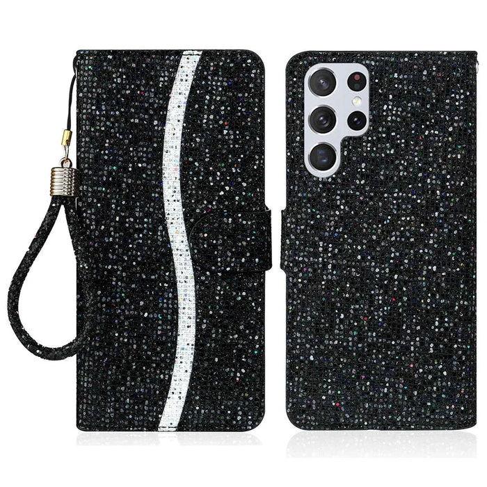 For Samsung Galaxy S23 Ultra Glitter Bling Splicing Design PU Leather Shockproof Case Phone Wallet Stand Protective Cover with Hand Strap - Black - 1