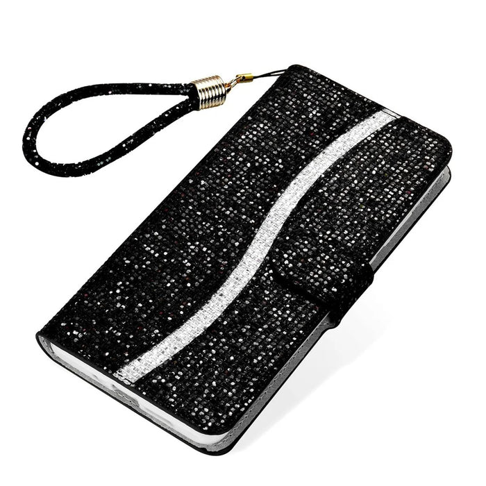 For Samsung Galaxy S23 Ultra Glitter Bling Splicing Design PU Leather Shockproof Case Phone Wallet Stand Protective Cover with Hand Strap - Black - 4