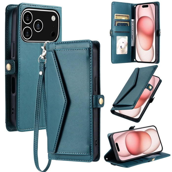 For iPhone 18 Pro / 17 Pro Leather Case with Wrist Strap Wallet Stand Phone Cover - Blackish Green - 1