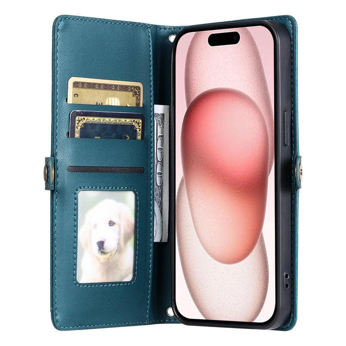 For iPhone 18 Pro / 17 Pro Leather Case with Wrist Strap Wallet Stand Phone Cover - Blackish Green - 2