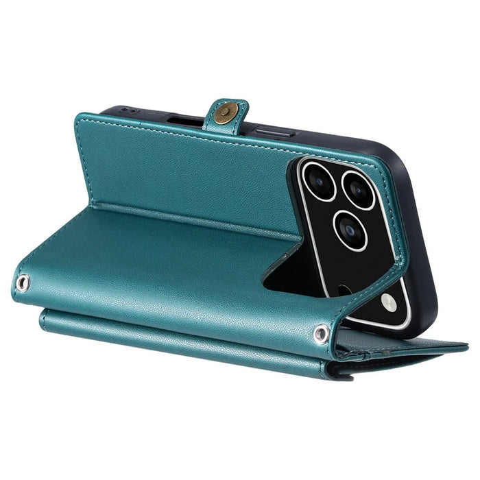 For iPhone 18 Pro / 17 Pro Leather Case with Wrist Strap Wallet Stand Phone Cover - Blackish Green - 4
