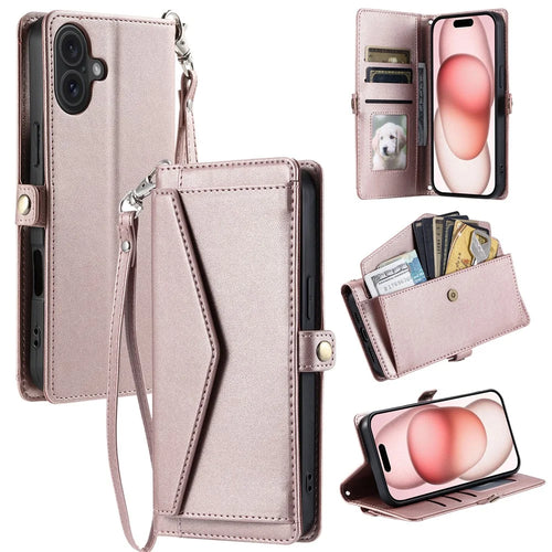 For iPhone 17 Leather Case with Wrist Strap Wallet Stand Phone Cover - Rose Gold - 1