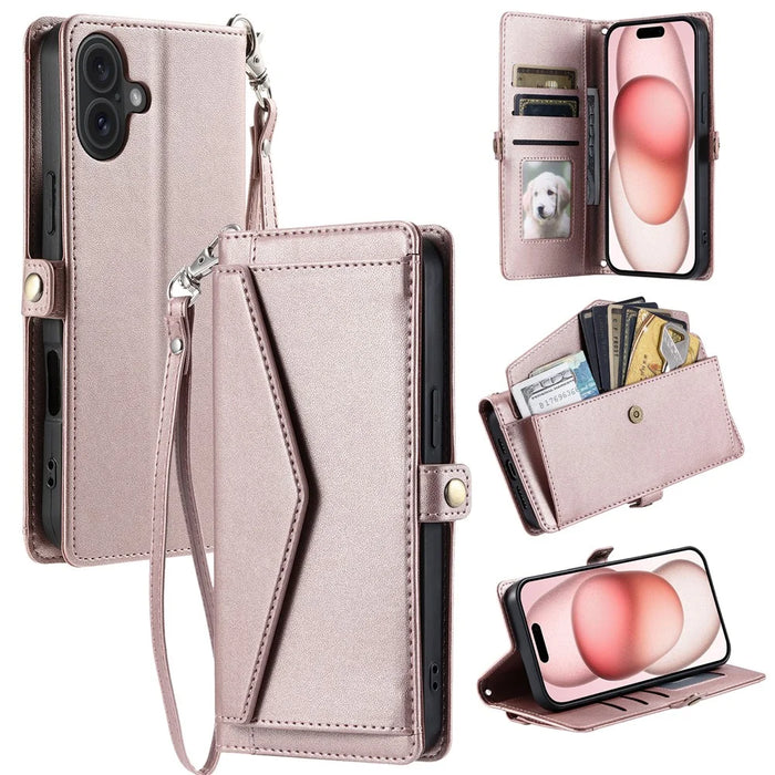 For iPhone 17 Leather Case with Wrist Strap Wallet Stand Phone Cover - Rose Gold - 1