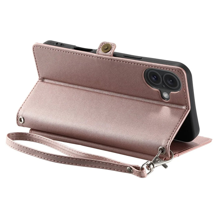 For iPhone 17 Leather Case with Wrist Strap Wallet Stand Phone Cover - Rose Gold - 4