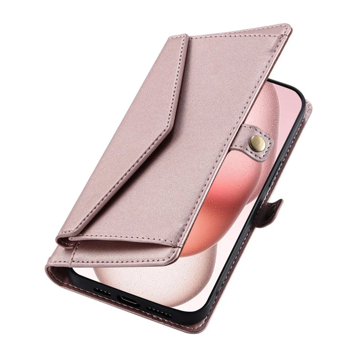 For iPhone 17 Leather Case with Wrist Strap Wallet Stand Phone Cover - Rose Gold - 5