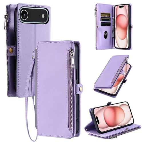 For iPhone Air Case TPU + PU Leather Wallet Phone Cover with Wrist Strap - Purple - 1