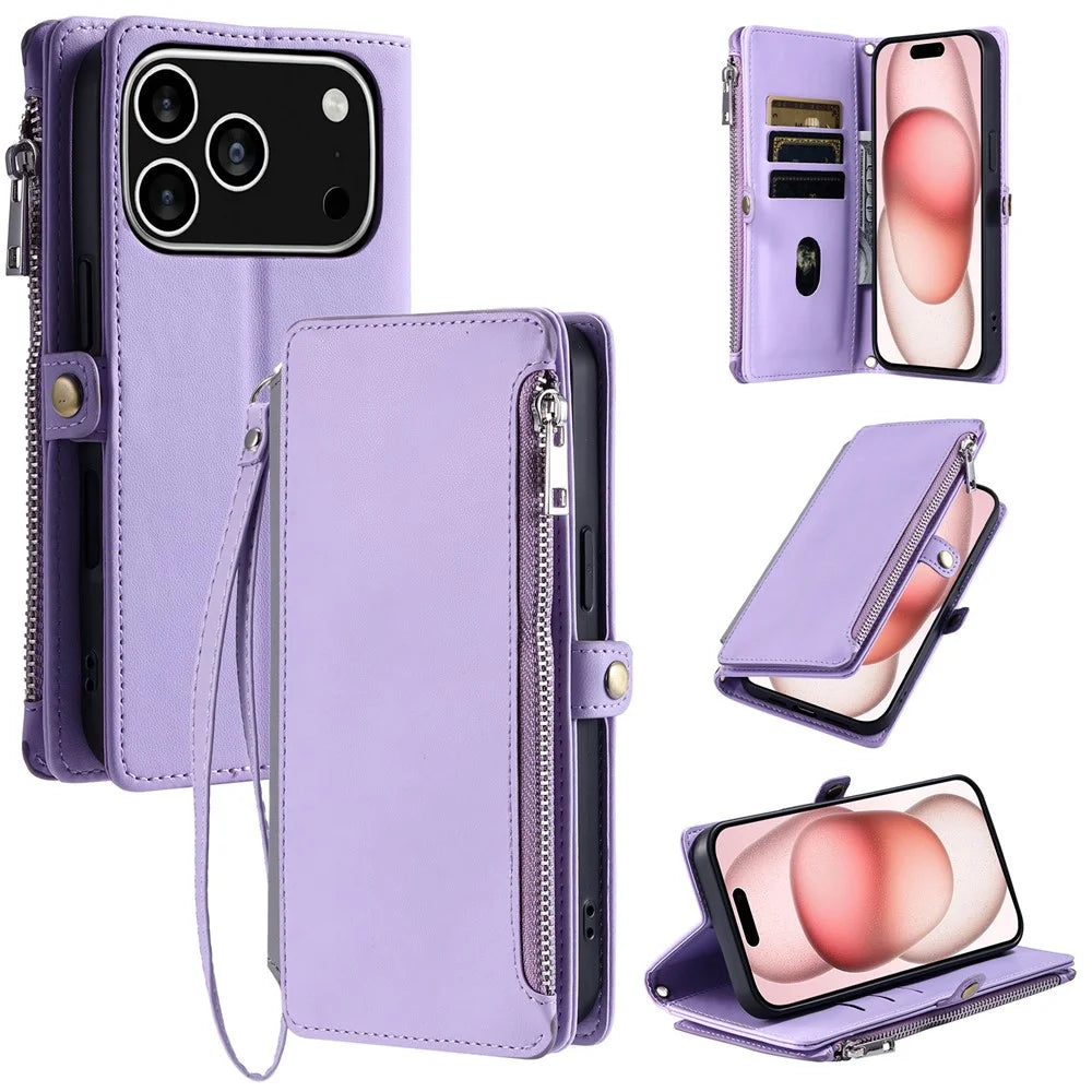 For iPhone 18 Pro / 17 Pro Case TPU + PU Leather Wallet Phone Cover with Wrist Strap - Purple - 1