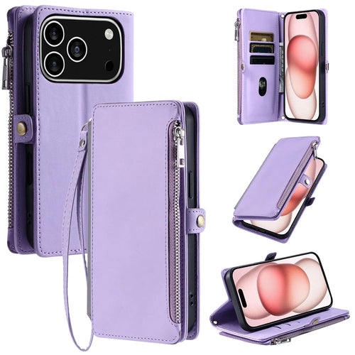 For iPhone 18 Pro / 17 Pro Case TPU + PU Leather Wallet Phone Cover with Wrist Strap - Purple - 1