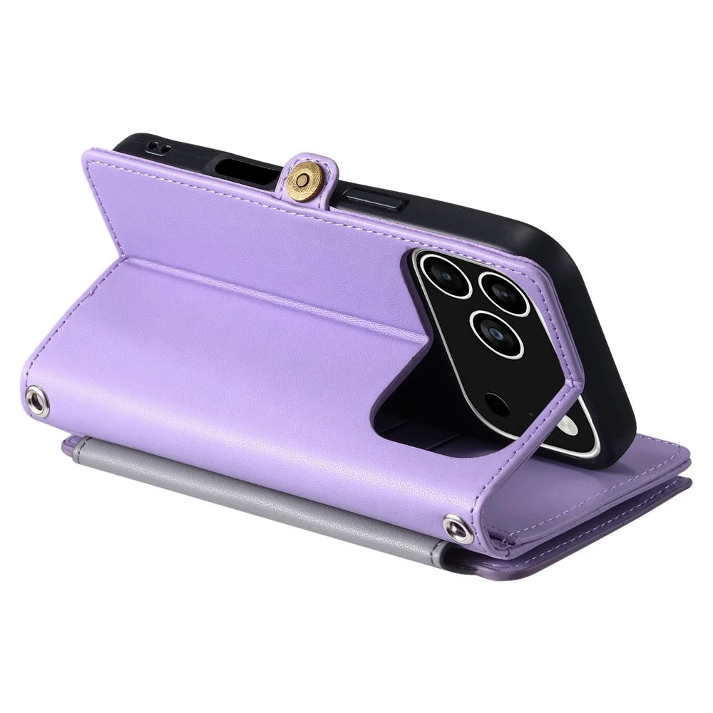 For iPhone 18 Pro / 17 Pro Case TPU + PU Leather Wallet Phone Cover with Wrist Strap - Purple - 4