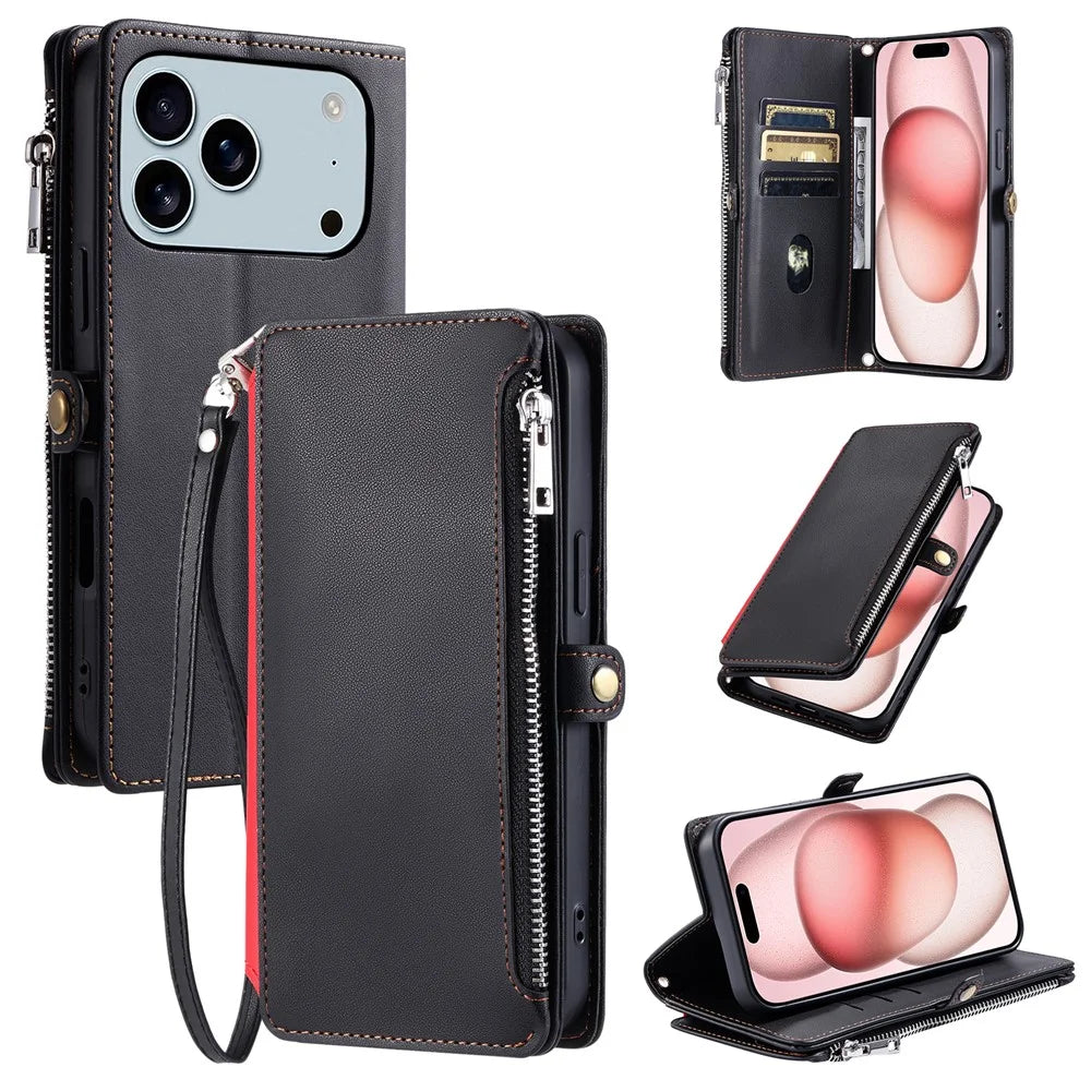 For iPhone 18 Pro Max / 17 Pro Max Case TPU + PU Leather Wallet Phone Cover with Wrist Strap - Black - 1