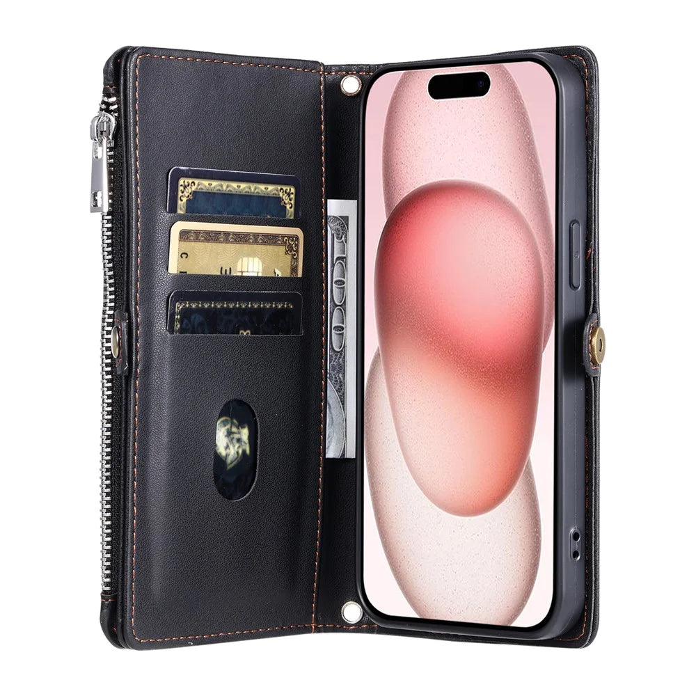 For iPhone 18 Pro Max / 17 Pro Max Case TPU + PU Leather Wallet Phone Cover with Wrist Strap - Black - 2