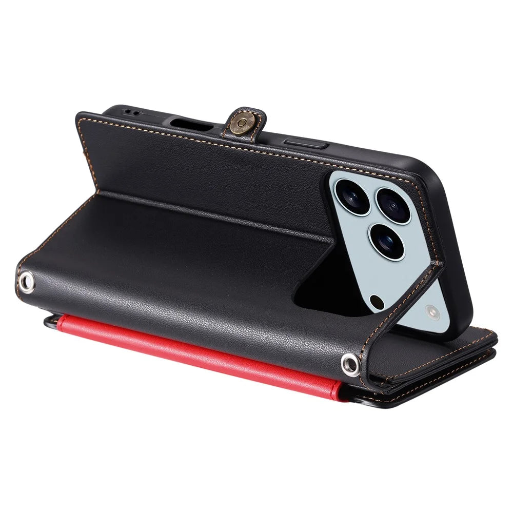 For iPhone 18 Pro Max / 17 Pro Max Case TPU + PU Leather Wallet Phone Cover with Wrist Strap - Black - 4