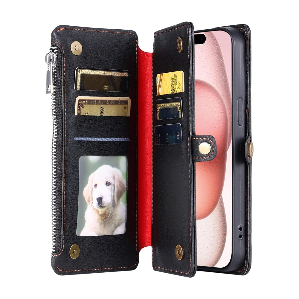 For iPhone 18 Pro Max / 17 Pro Max Case TPU + PU Leather Wallet Phone Cover with Wrist Strap - Black - 6