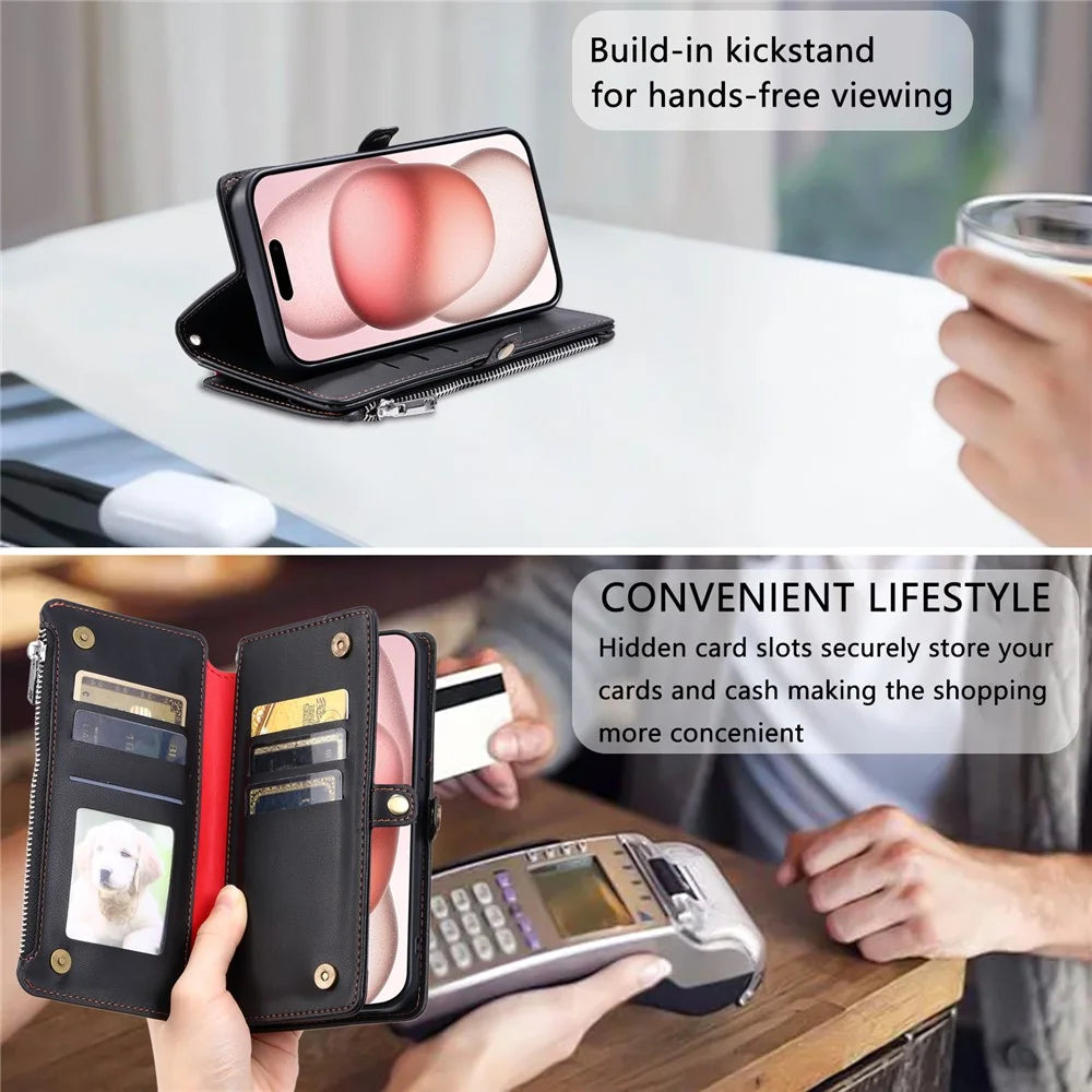 For iPhone 18 Pro Max / 17 Pro Max Case TPU + PU Leather Wallet Phone Cover with Wrist Strap - Black - 7