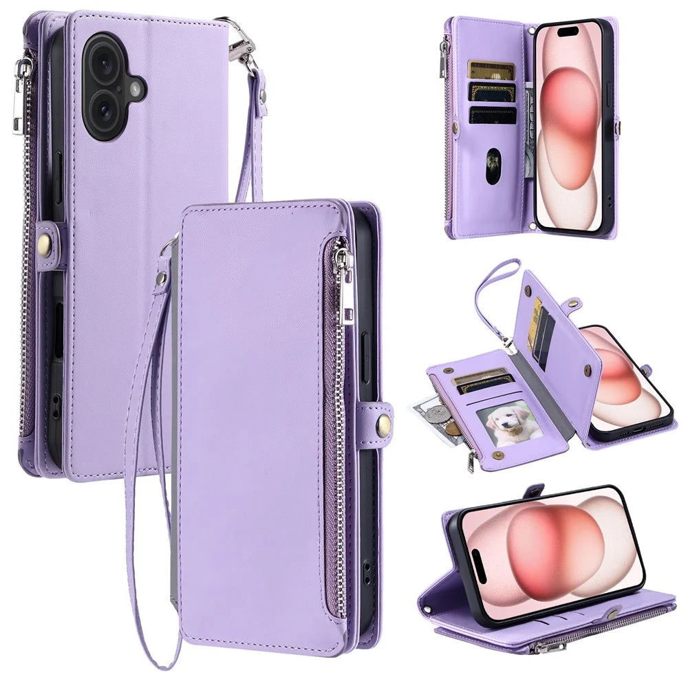 For iPhone 17 Case TPU + PU Leather Wallet Phone Cover with Wrist Strap - Purple - 1